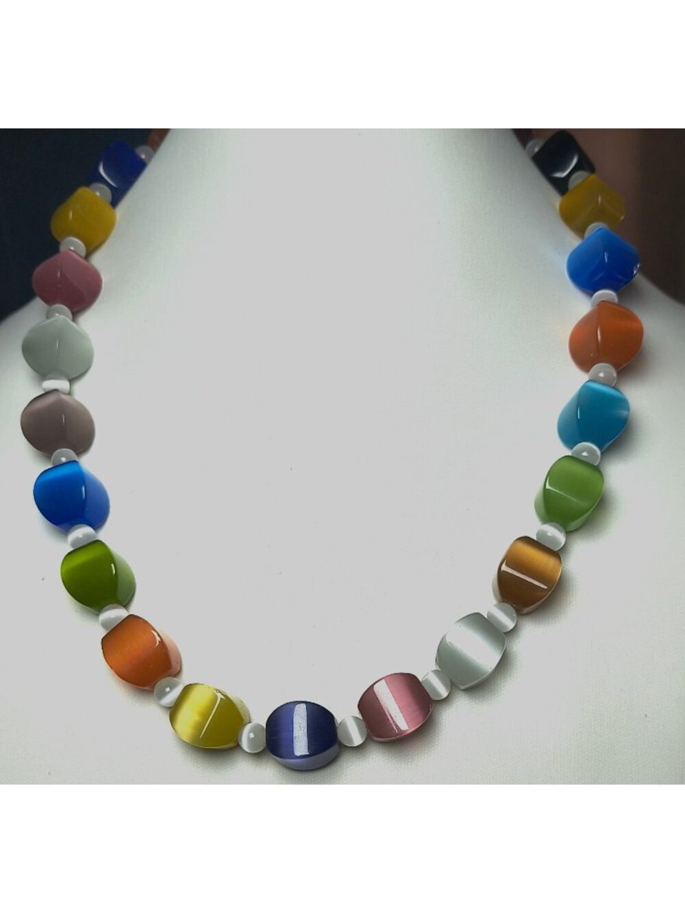 Cube Beaded Cats Eye Art Glass Statement Necklace Rainbow 20" Plus 3 1/2" Ext